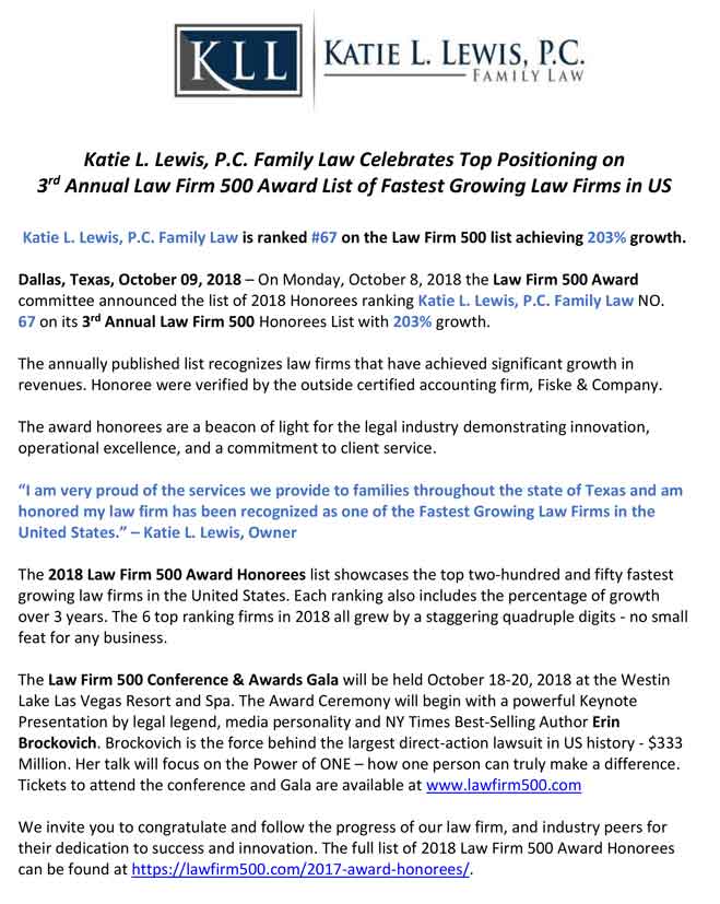 Katie L. Lewis, P.C. Family Law Celebrates Top Positioning On 3rd Annual Law Firm 500 Award List Of Fastest Growing Law Firm In US