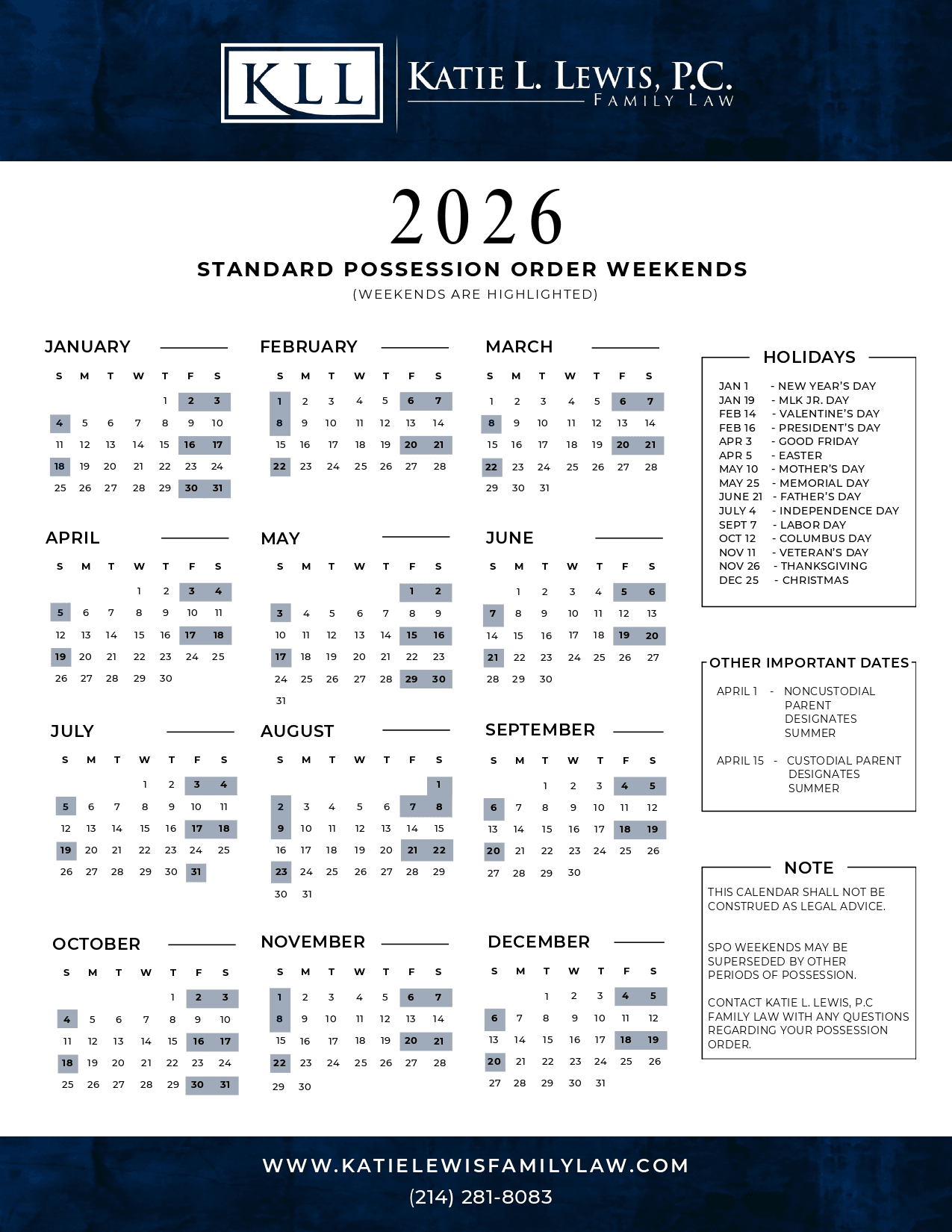 2026 Standard Possession Calendar