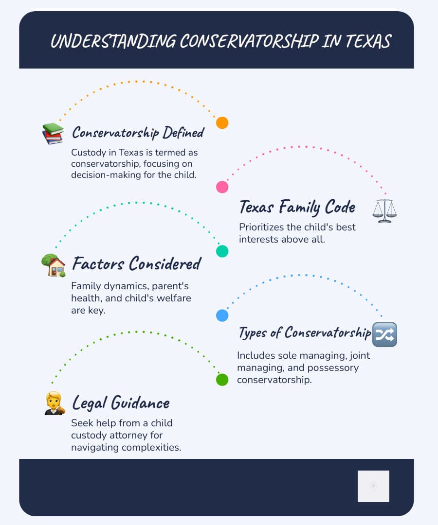 Infographic detailing Texas Family Code and child conservatorship: includes elements like best interests of the child, parent evaluation, and decision-making rights - child custody attorney dallas infographic infographic-line-5-steps-blues-accent_colors