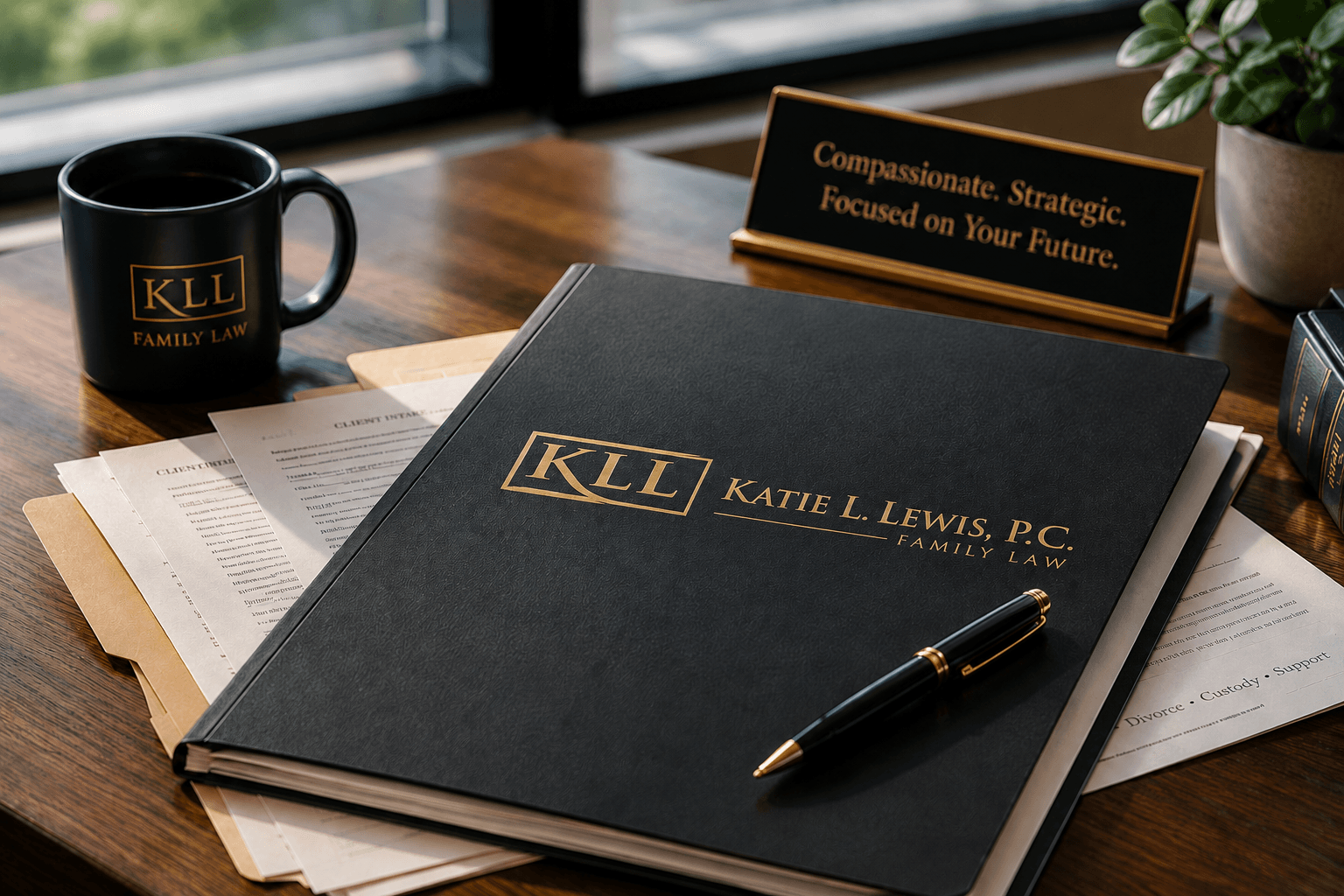 Katie L. Lewis branded folder and pen on a desk