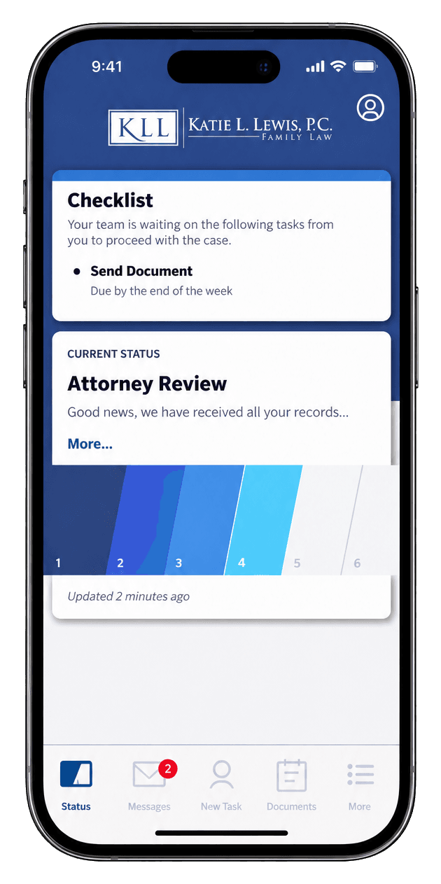 Case Status app showing a client checklist and attorney review update