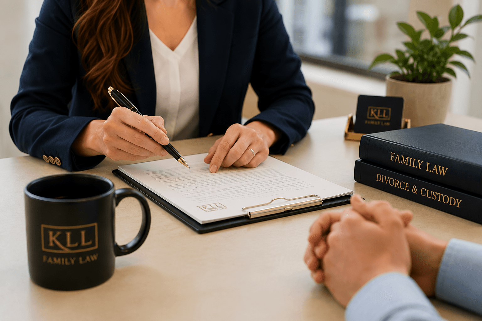 Attorney meeting with a client in a professional office