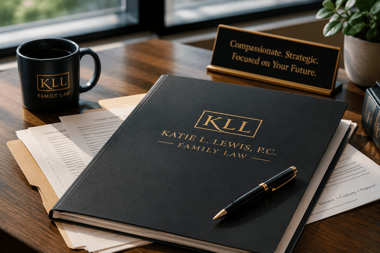 Katie L. Lewis branded folder and pen on a desk