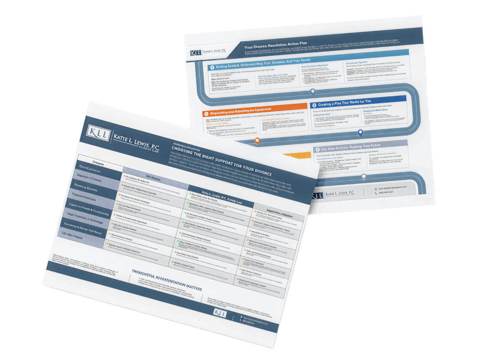 Preview of the Divorce Representation Guide showing printed pages that compare legal support options for divorce.